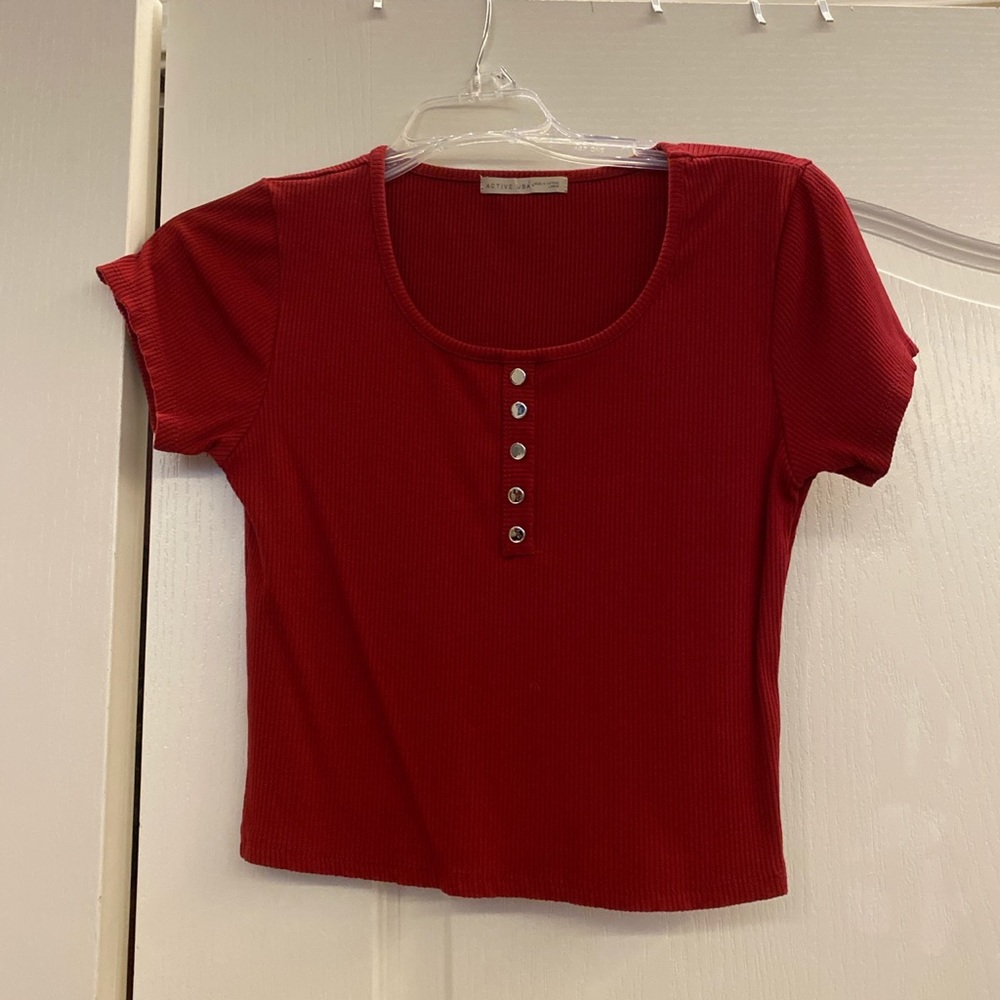 red button crop top